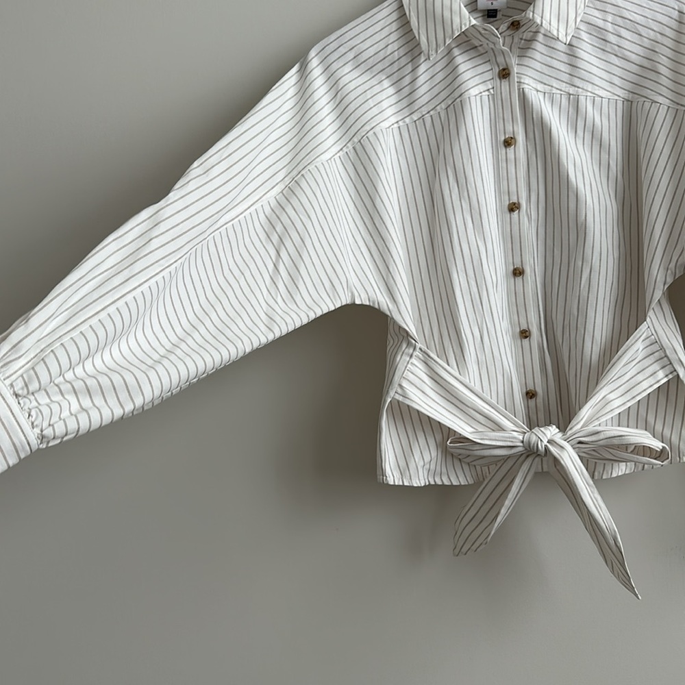 Cabi Balloon Sleeve Waist Tie Button Down Striped Collared Shirt Top Linen Look - Picture 3 of 4